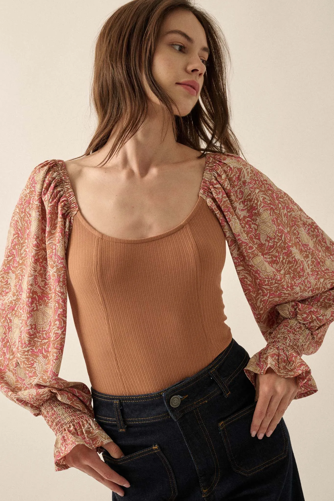 Magic Garden Floral-Sleeve Ribbed Knit Bodysuit