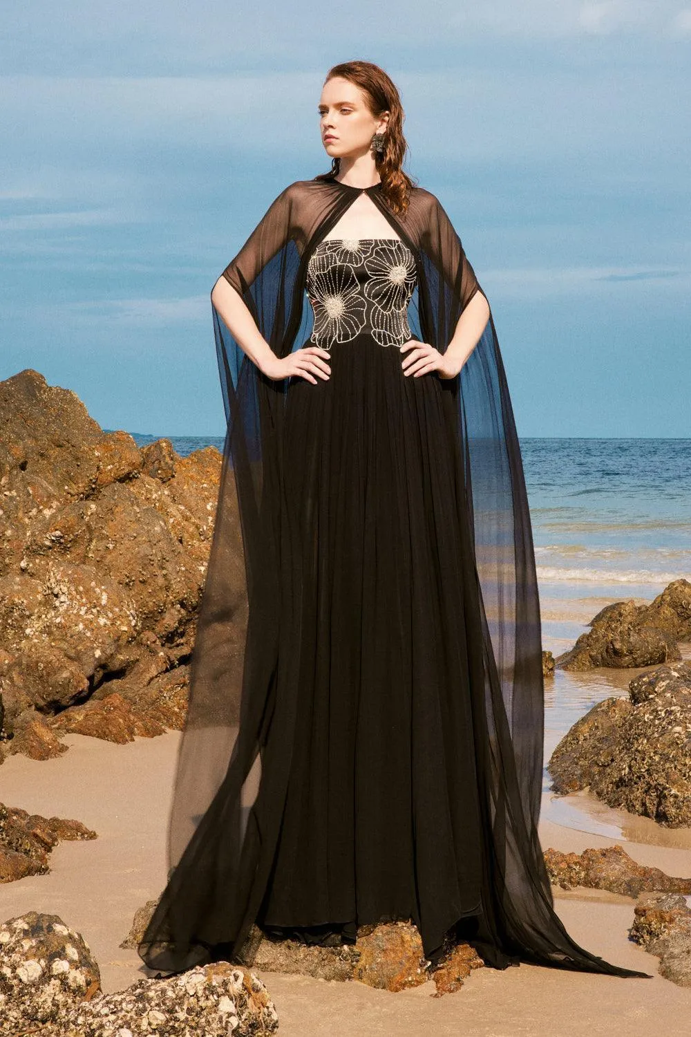 Maison Straight Pleated Neck Chiffon Floor Length Cape