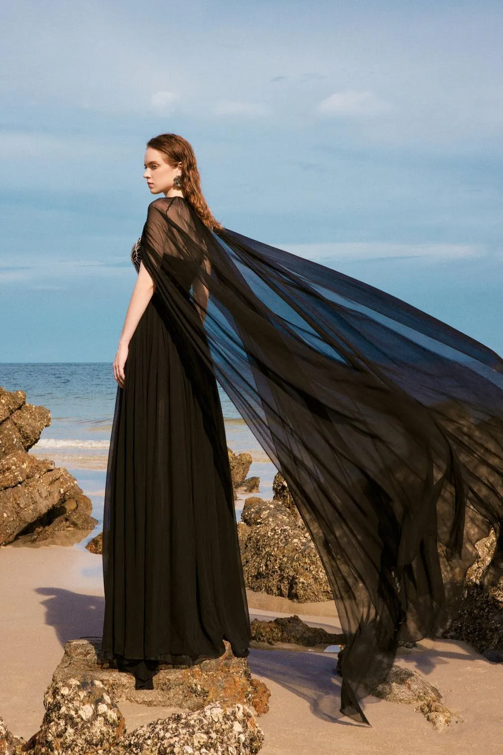 Maison Straight Pleated Neck Chiffon Floor Length Cape