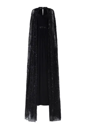 Maison Straight Pleated Neck Chiffon Floor Length Cape