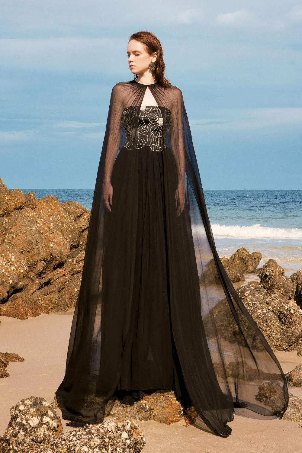 Maison Straight Pleated Neck Chiffon Floor Length Cape