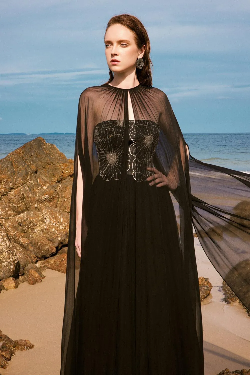 Maison Straight Pleated Neck Chiffon Floor Length Cape