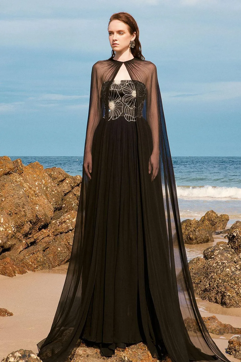 Maison Straight Pleated Neck Chiffon Floor Length Cape