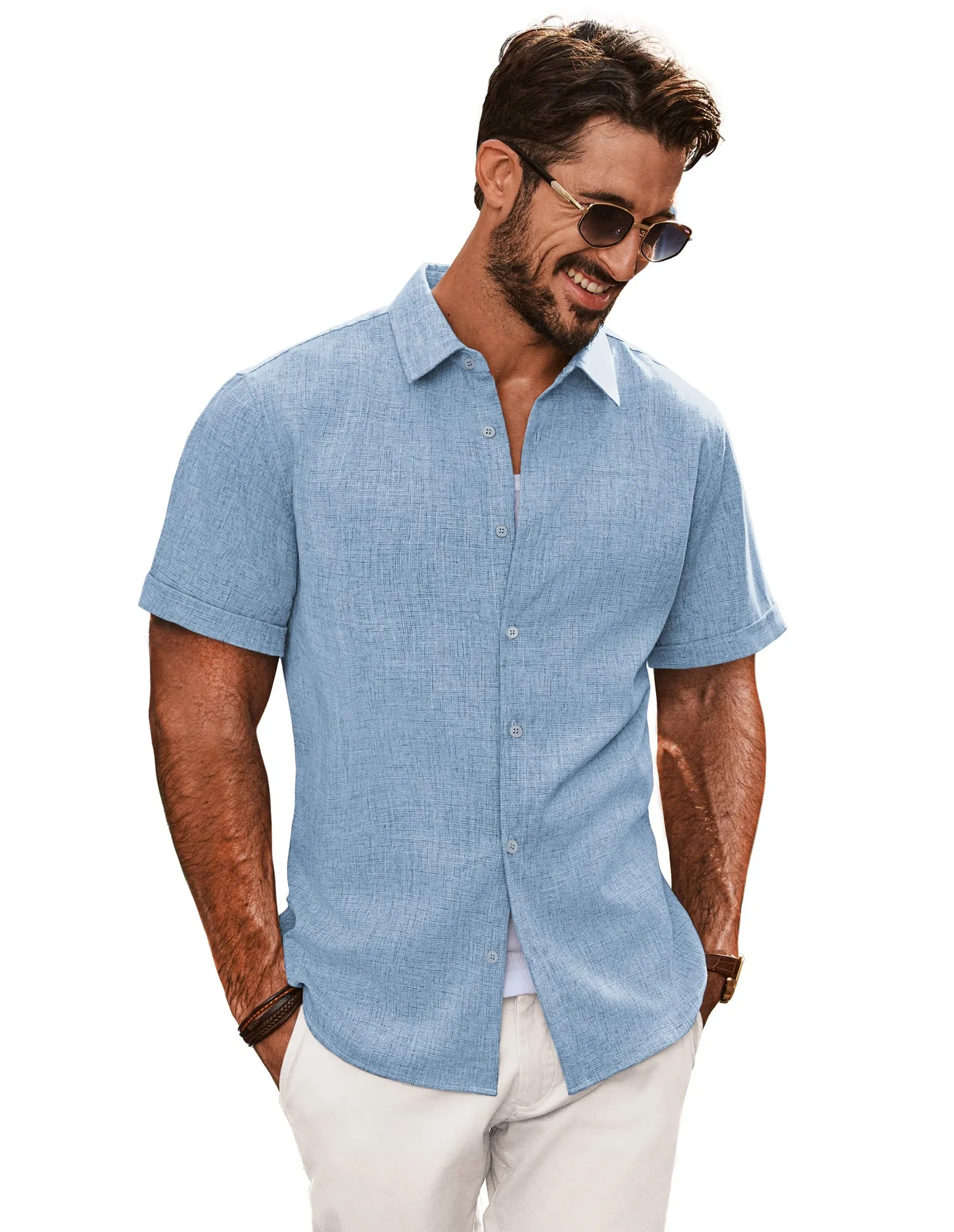 Men Curved Hem Shirt Casual Short Sleeve Lapel Collar Button-up Tops