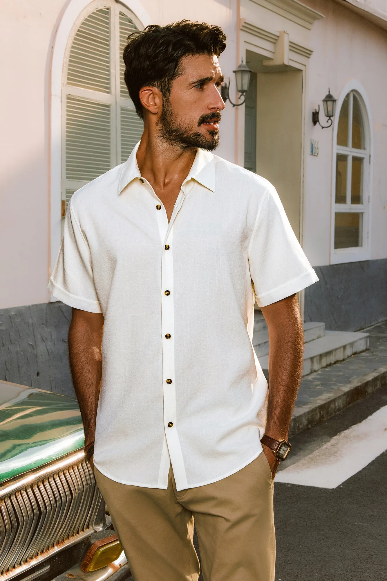 Men Curved Hem Shirt Casual Short Sleeve Lapel Collar Button-up Tops