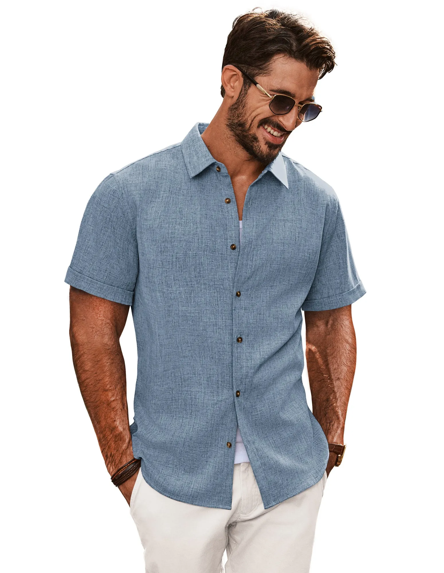 Men Curved Hem Shirt Casual Short Sleeve Lapel Collar Button-up Tops