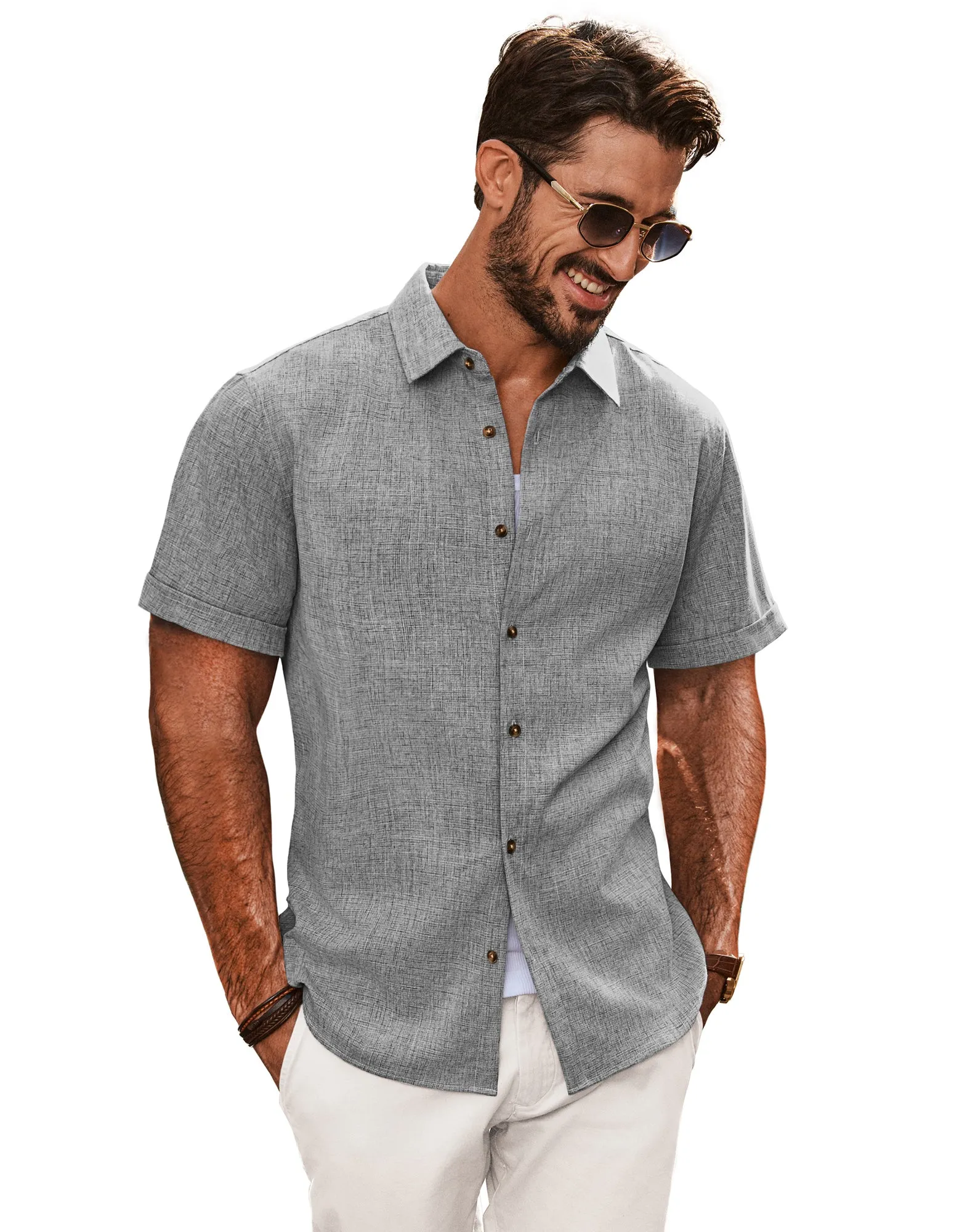 Men Curved Hem Shirt Casual Short Sleeve Lapel Collar Button-up Tops