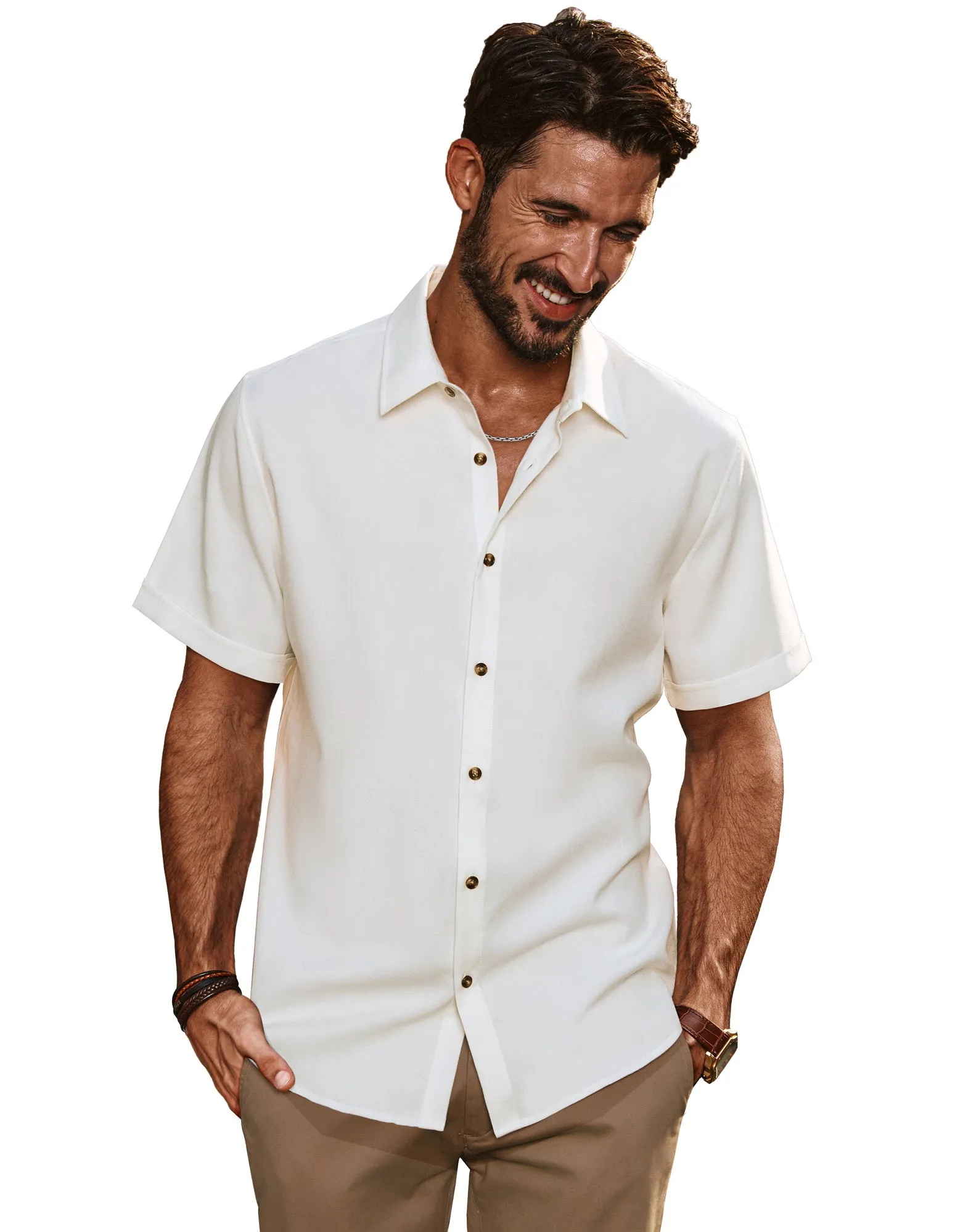 Men Curved Hem Shirt Casual Short Sleeve Lapel Collar Button-up Tops