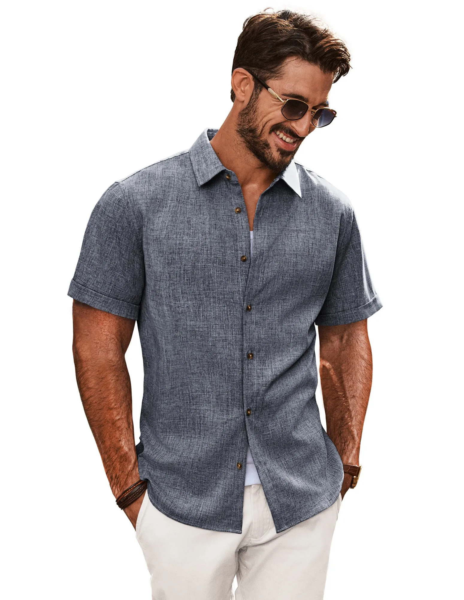 Men Curved Hem Shirt Casual Short Sleeve Lapel Collar Button-up Tops