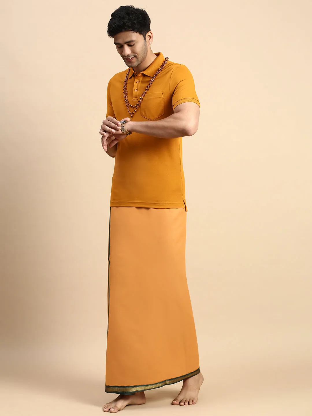 Men Devotional Mayilkhan Border Dhoti & TShirt Set Kavi EP41