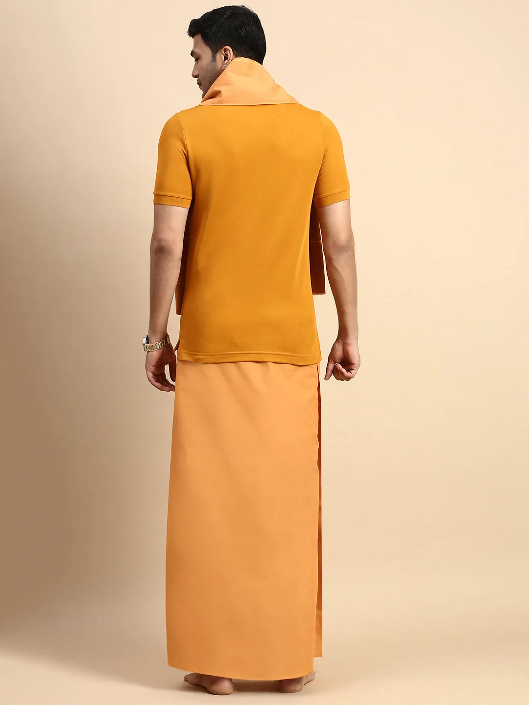 Men Devotional Small Border Dhoti with Towel & TShirt Set Kavi EP41