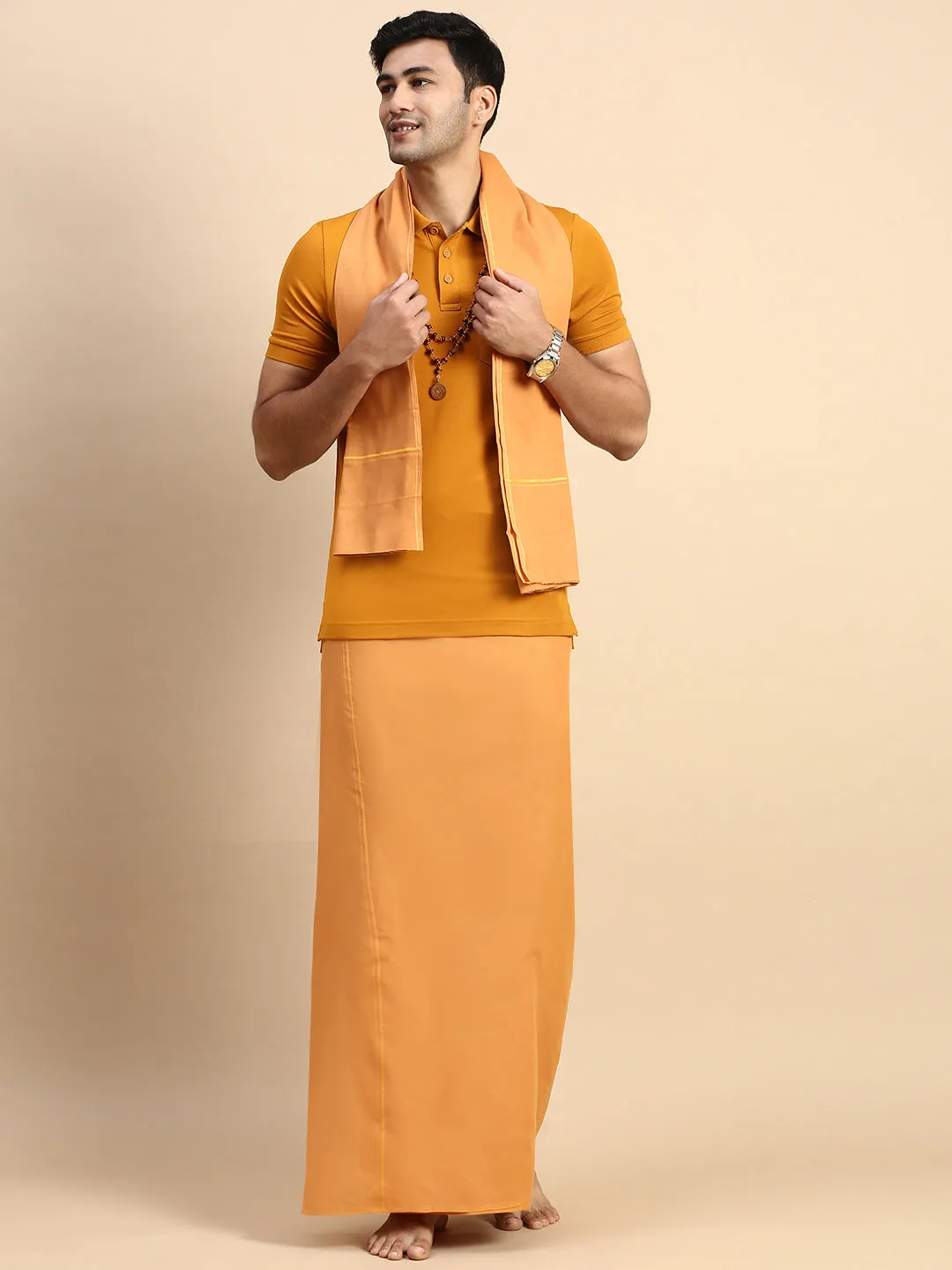 Men Devotional Small Border Dhoti with Towel & TShirt Set Kavi EP41