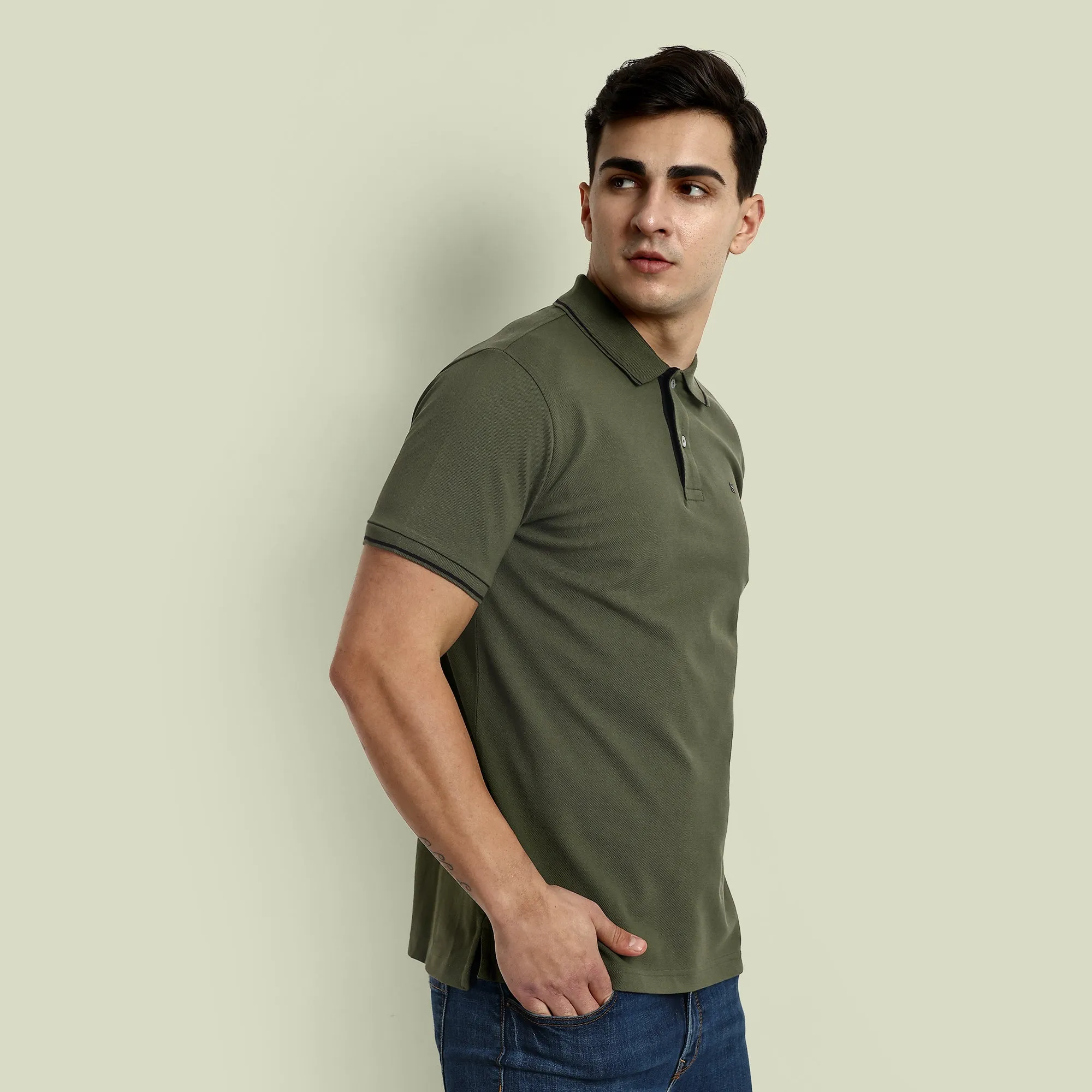 Men Military Olive Tipping Polo T-Shirt