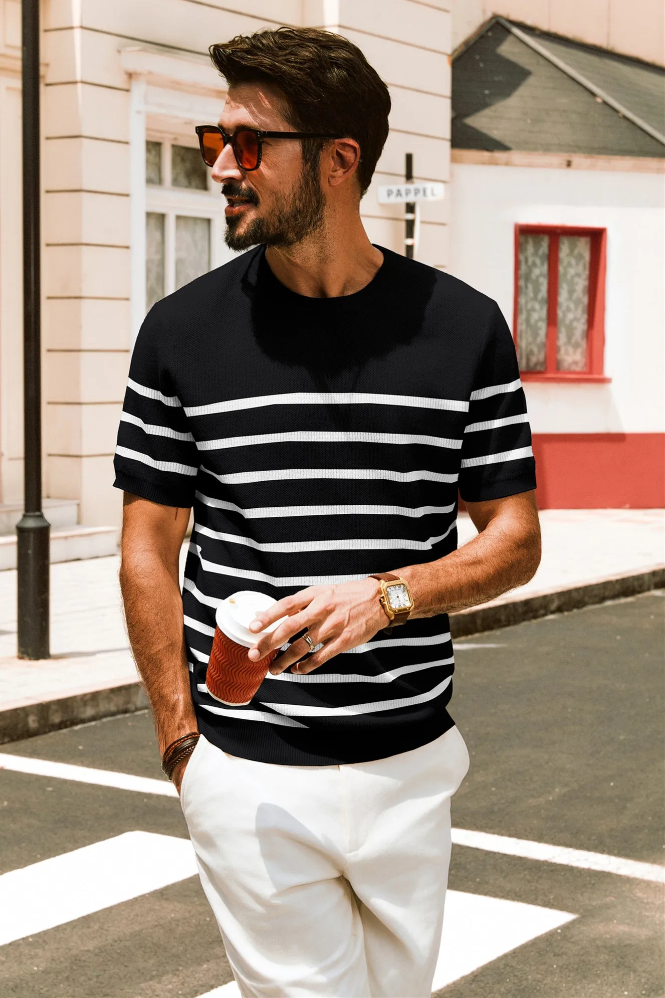 Men Striped Knitted T-Shirt Short Sleeve Crew Neck Ribbed Cuff Knitwear Tops