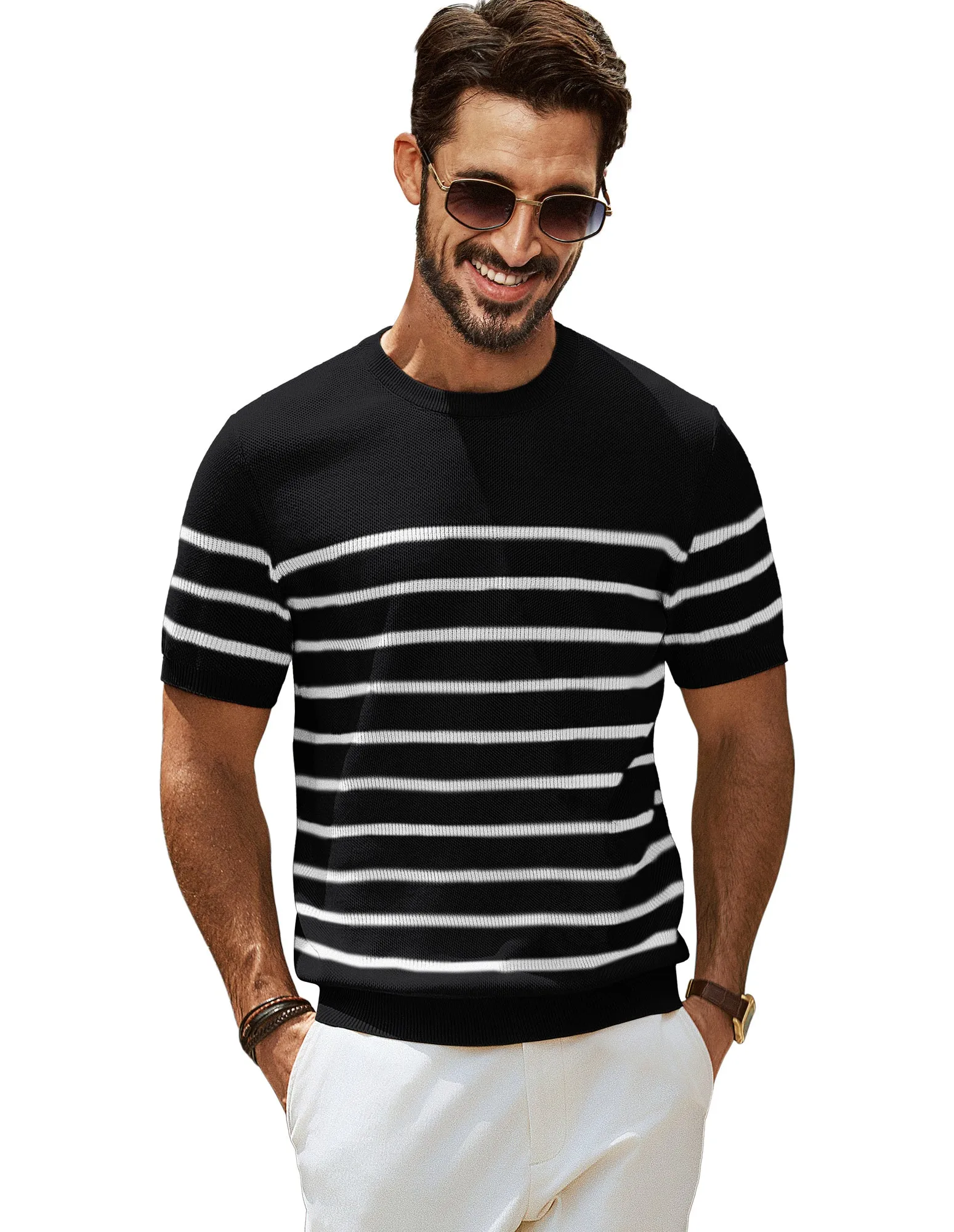 Men Striped Knitted T-Shirt Short Sleeve Crew Neck Ribbed Cuff Knitwear Tops