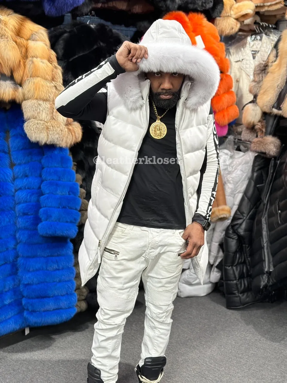 Men's Alpine Leather Bubble Vest With Premium Fox Fur Hood [White]