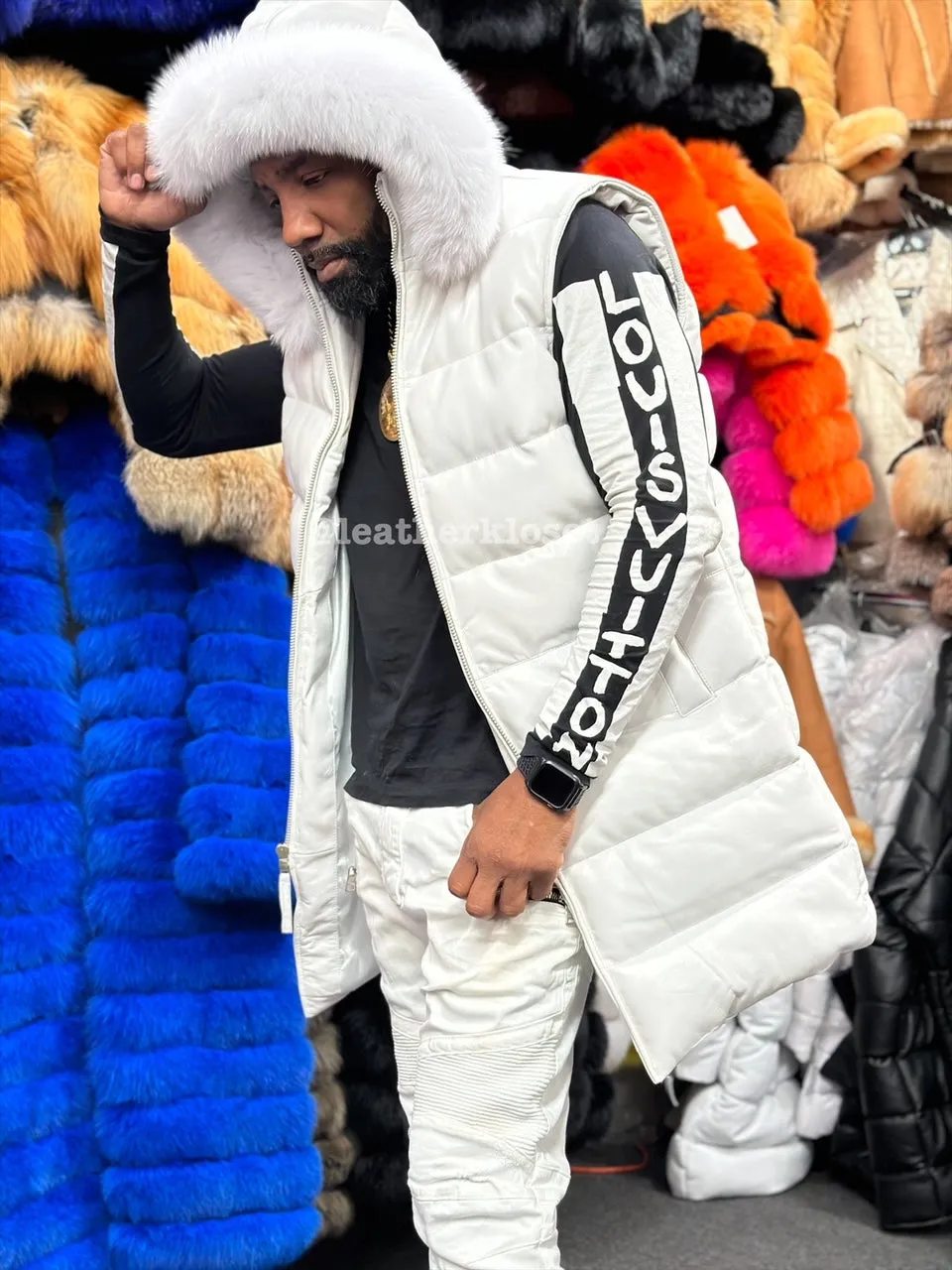 Men's Alpine Leather Bubble Vest With Premium Fox Fur Hood [White]