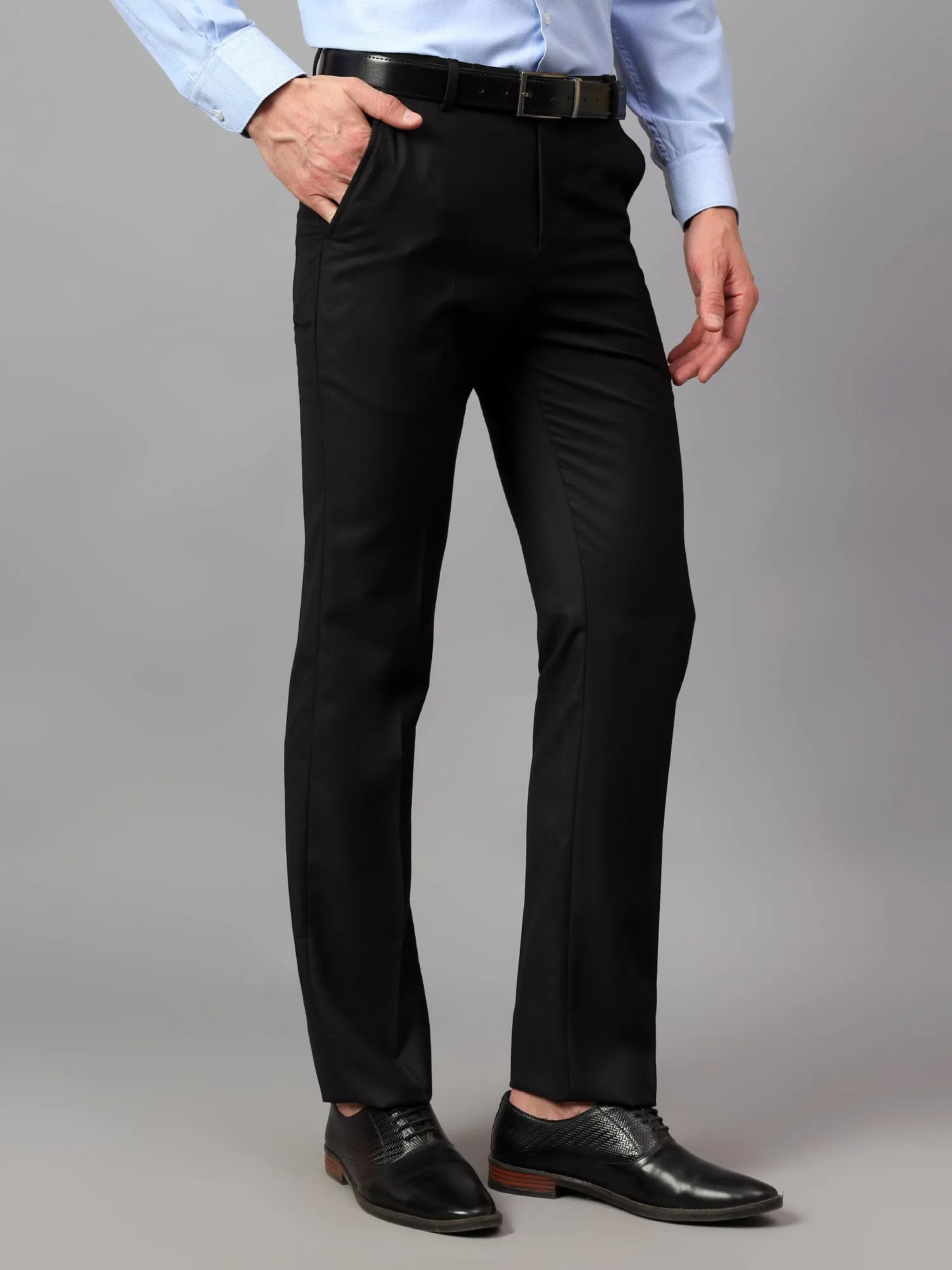 Men's Black Solid Non-Pleated Formal Trouser