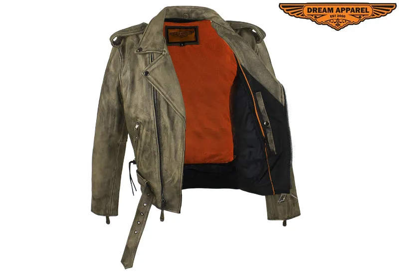 Mens Distressed Brown Leather Motorcycle Jacket With Black Leather Side Laces