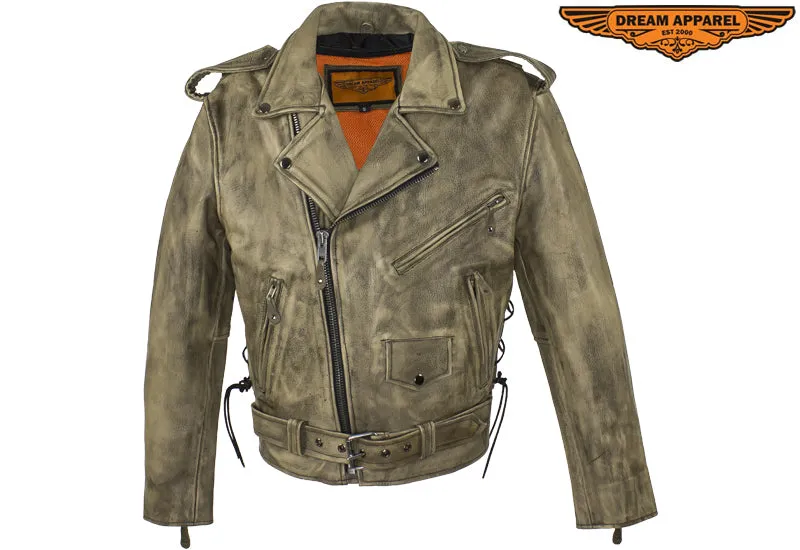 Mens Distressed Brown Leather Motorcycle Jacket With Black Leather Side Laces