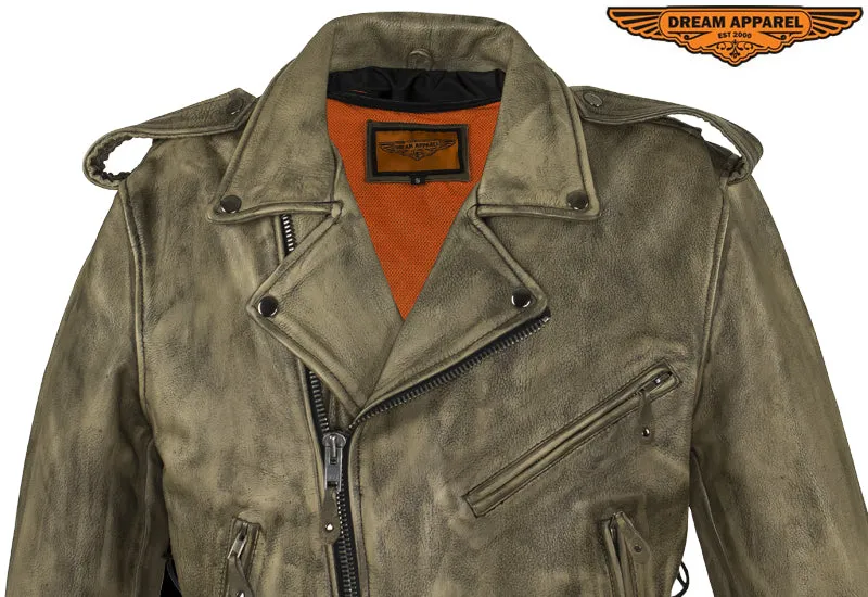 Mens Distressed Brown Leather Motorcycle Jacket With Black Leather Side Laces