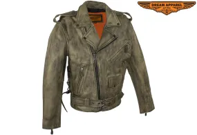 Mens Distressed Brown Leather Motorcycle Jacket With Black Leather Side Laces