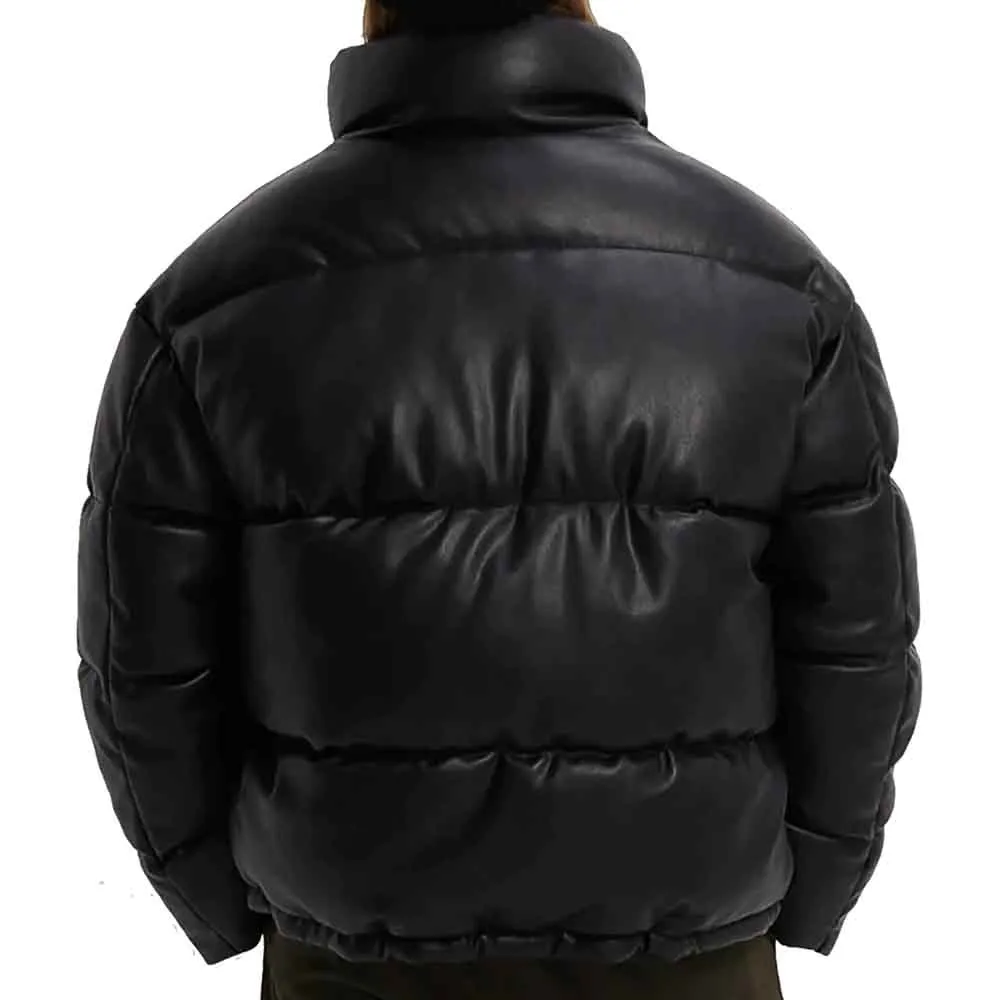 Mens Faux Leather Puffer Jacket Black