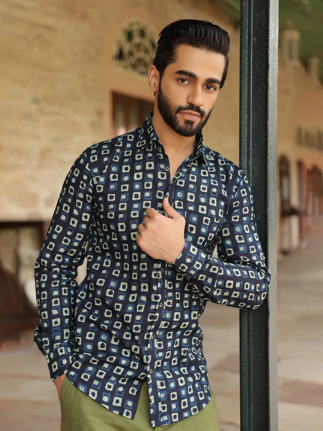 Men's Geometric Print Pure Cotton Navy Blue Casual Shirt