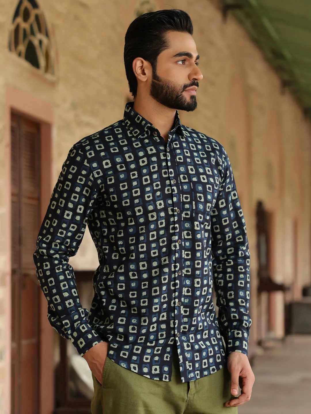 Men's Geometric Print Pure Cotton Navy Blue Casual Shirt