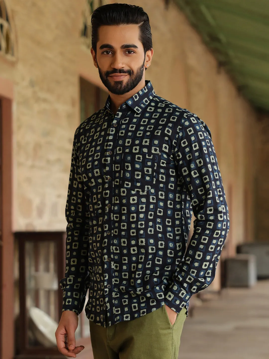 Men's Geometric Print Pure Cotton Navy Blue Casual Shirt