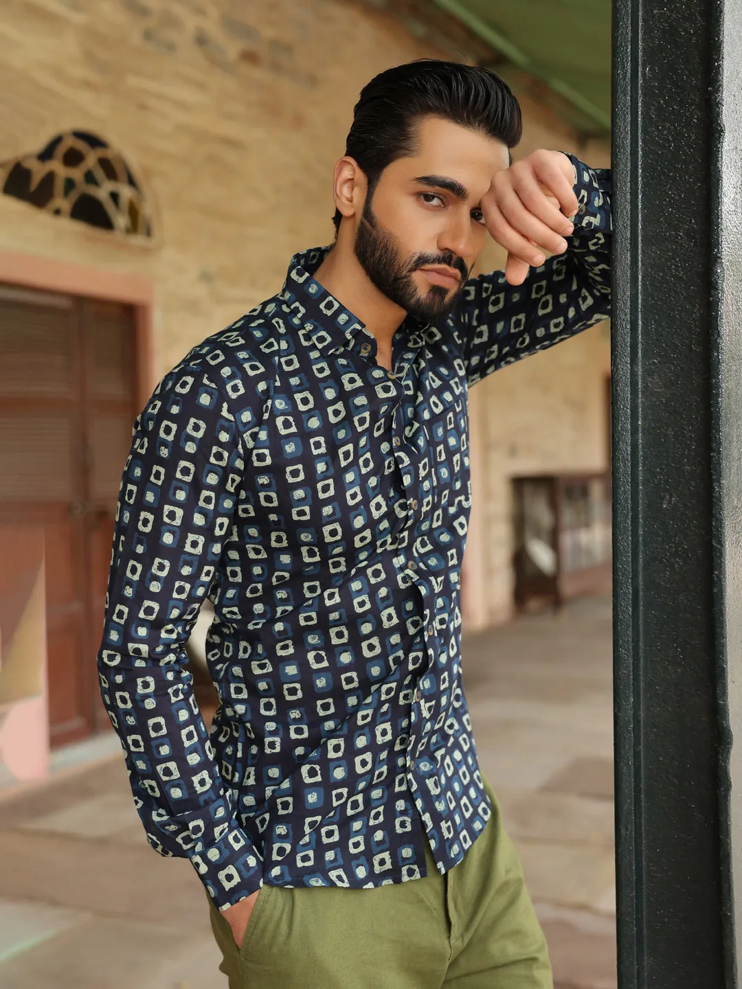 Men's Geometric Print Pure Cotton Navy Blue Casual Shirt