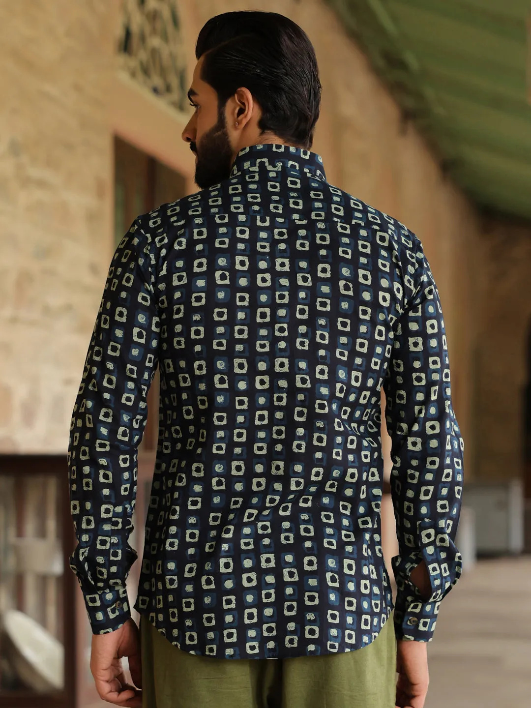 Men's Geometric Print Pure Cotton Navy Blue Casual Shirt