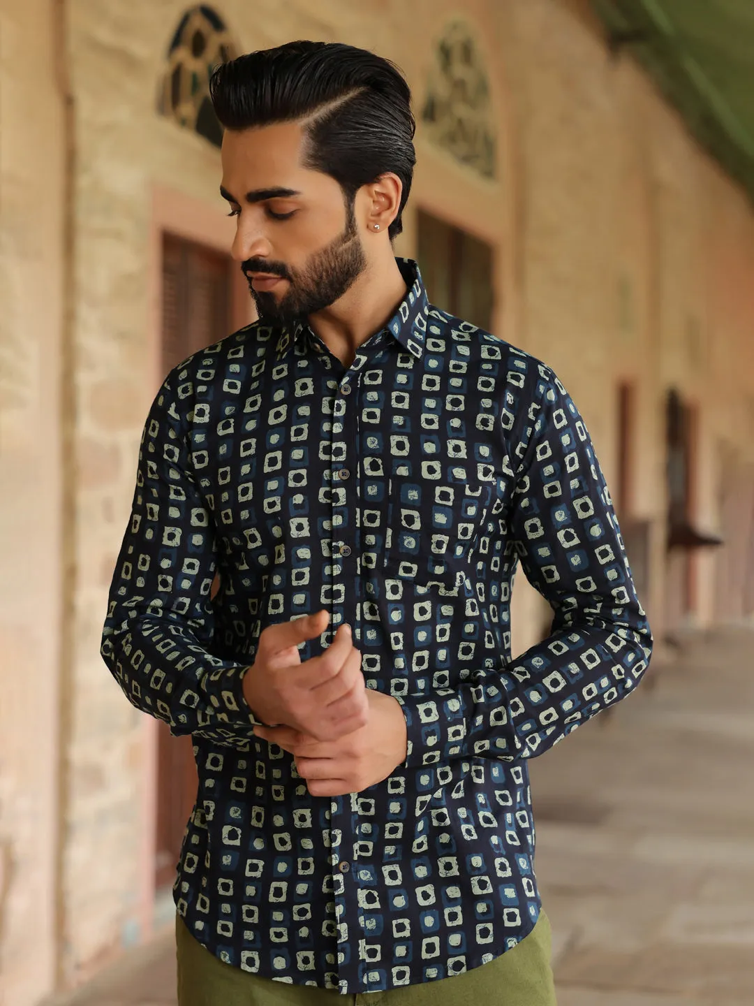 Men's Geometric Print Pure Cotton Navy Blue Casual Shirt