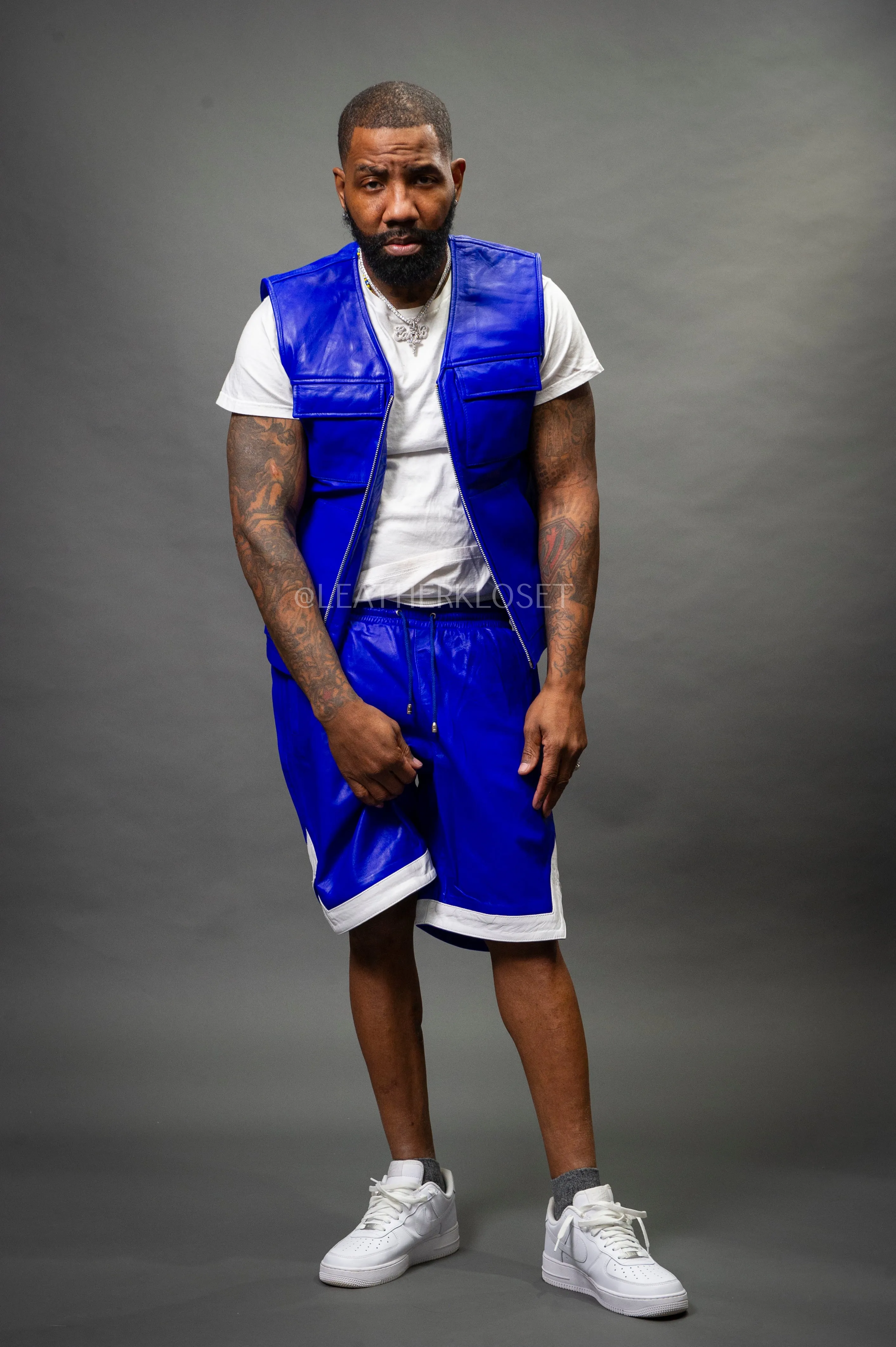 Men's Leather Brooklyn Vest With Leather Basketball Shorts [Royal/White]