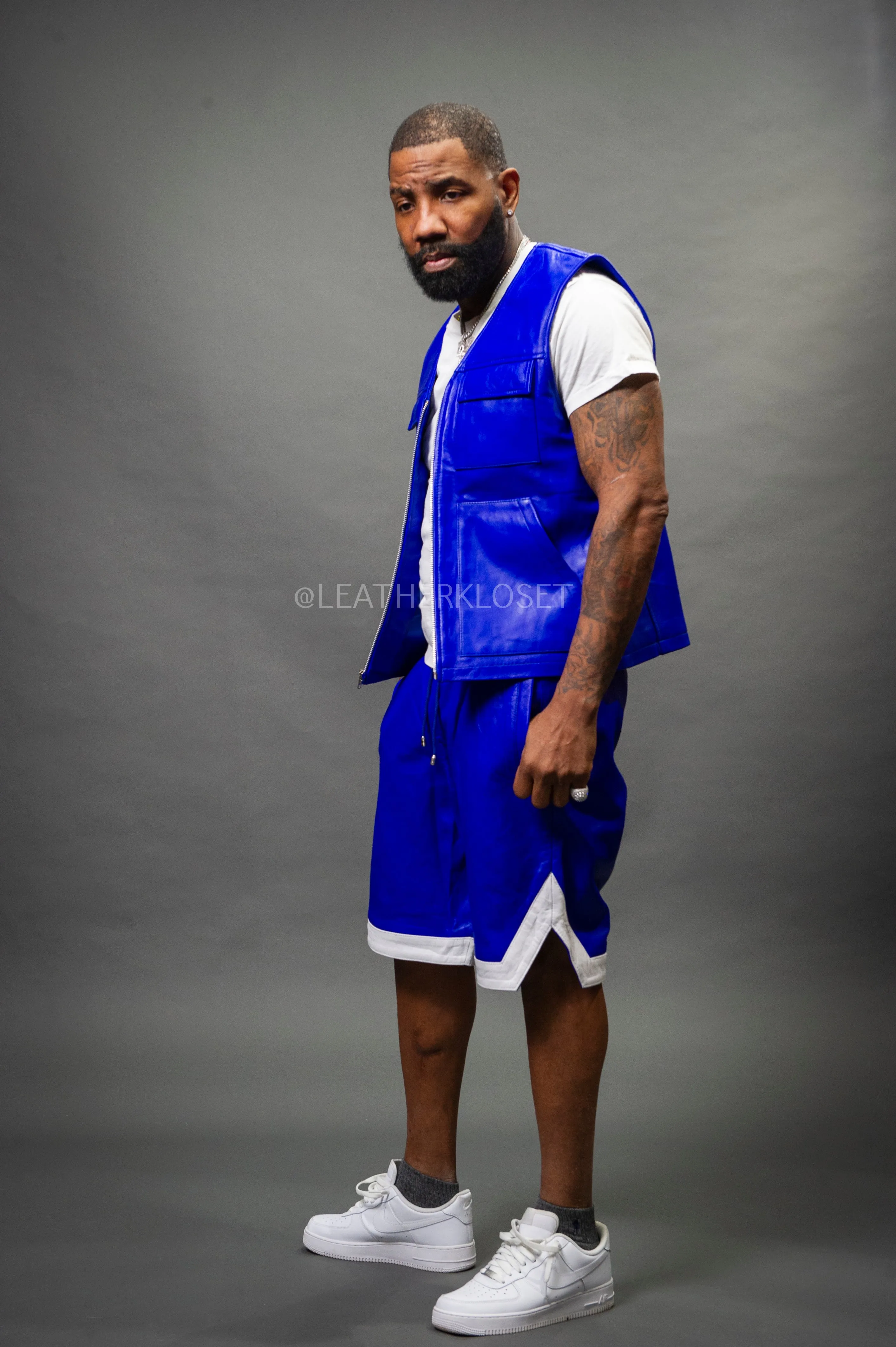 Men's Leather Brooklyn Vest With Leather Basketball Shorts [Royal/White]