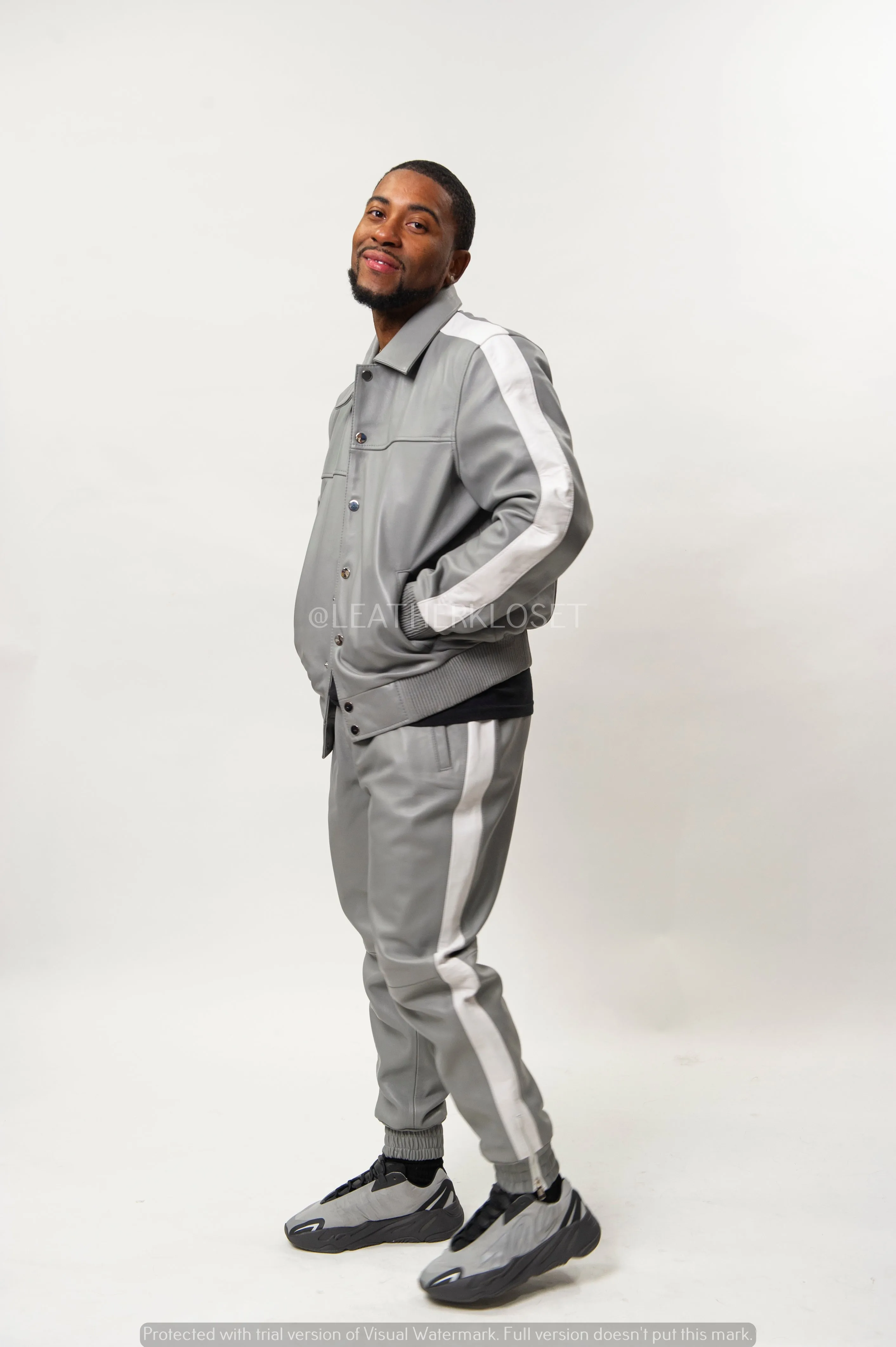 Men's Leather Track Suit Sweatsuit [Gray/White]