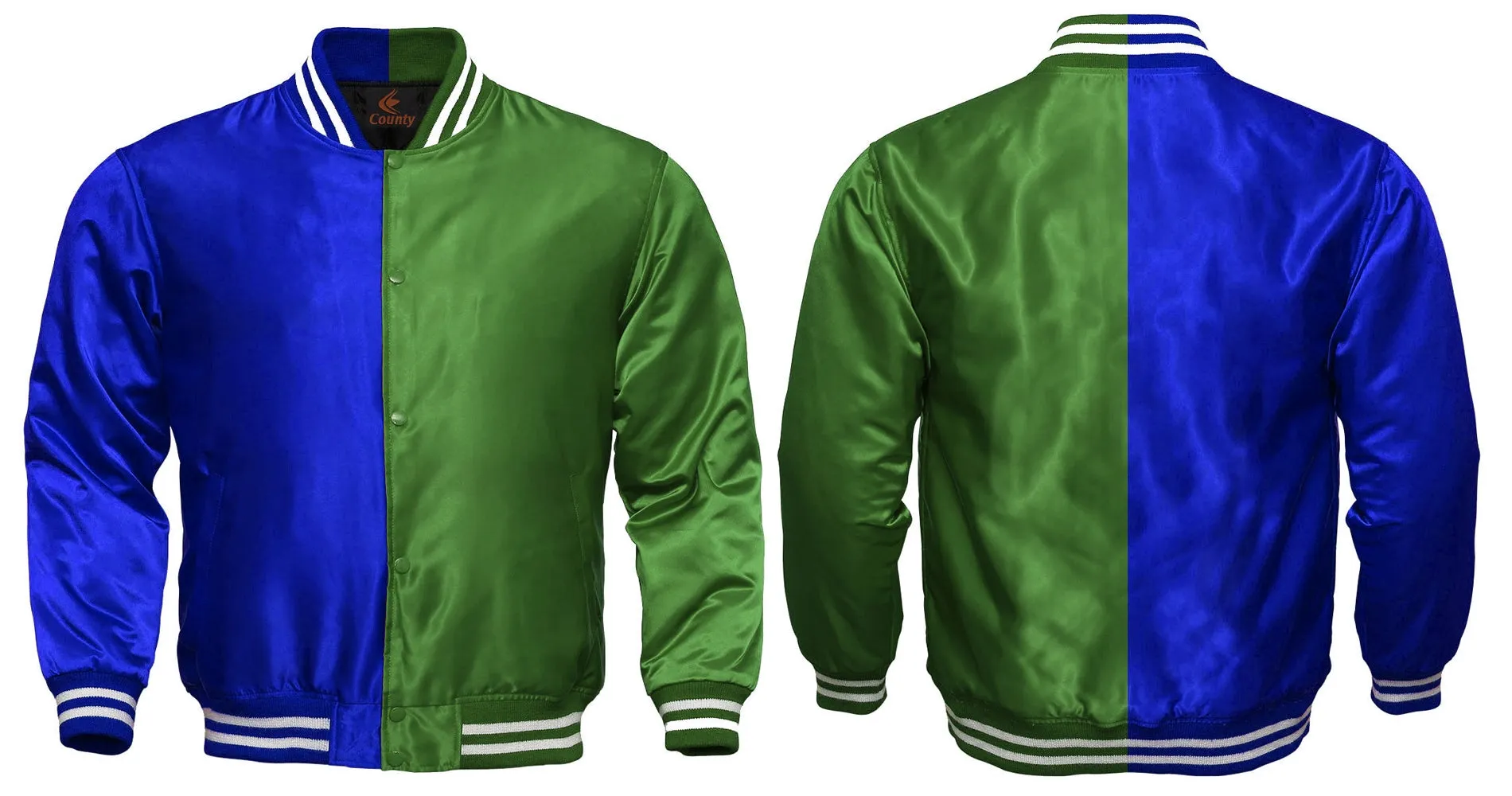 Mens Letterman Jacket Royal Blue Green Satin Jacket Team Varsity Jackets