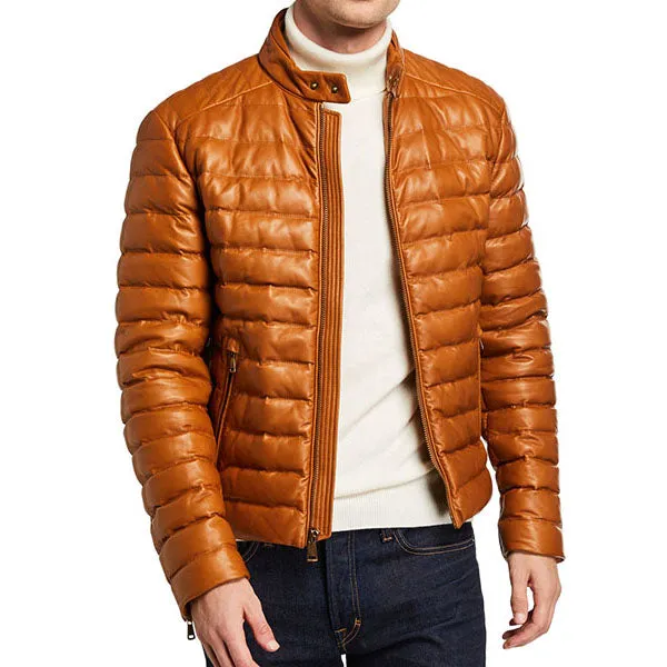 Men’s Lux Brown Leather Puffer Jacket