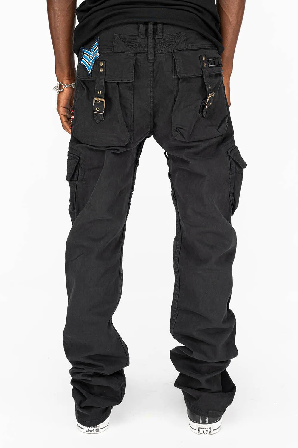 MENS MILITARY STYLE CARGO PANTS IN BLK DYE WITH PATCH