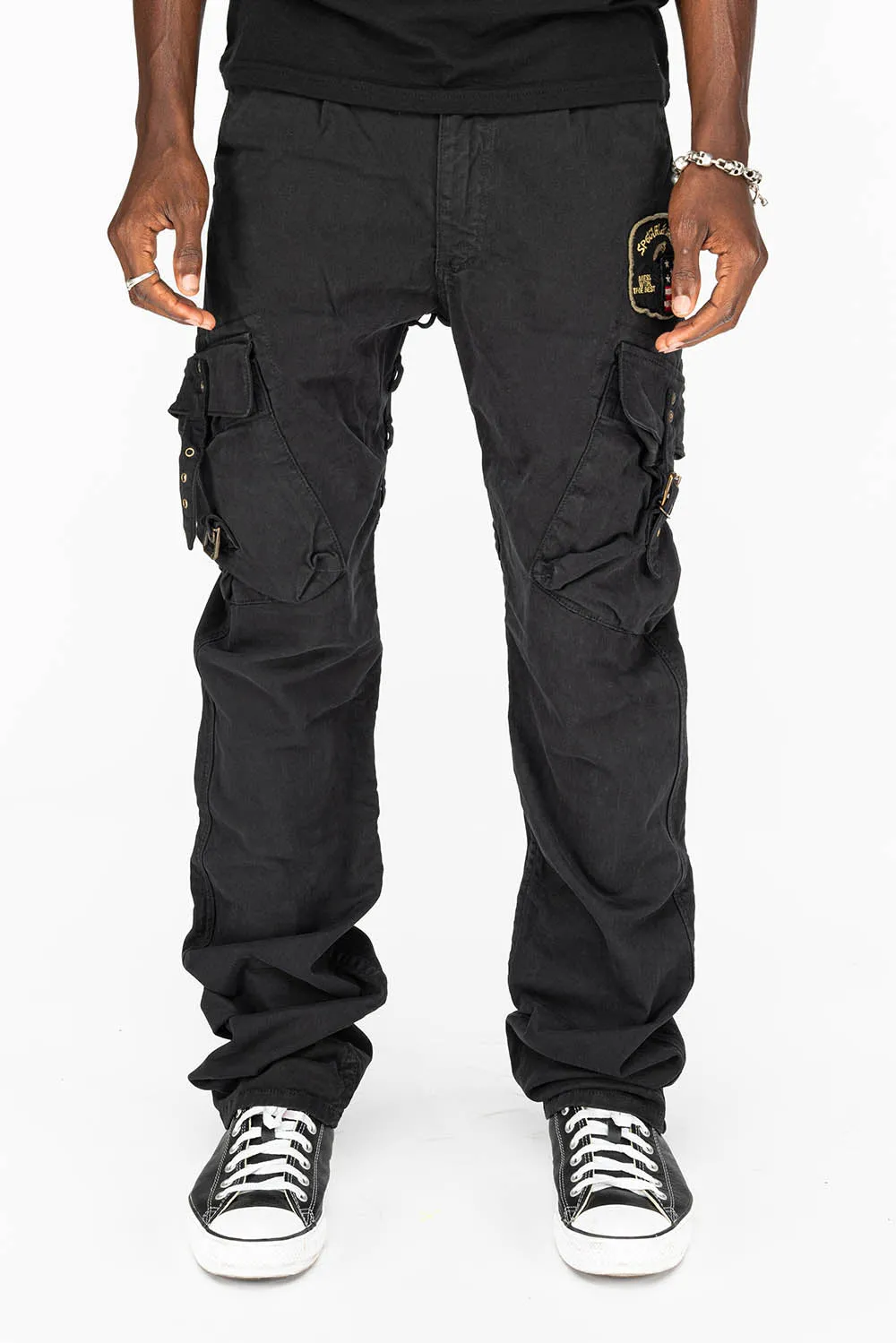 MENS MILITARY STYLE CARGO PANTS IN BLK DYE WITH PATCH