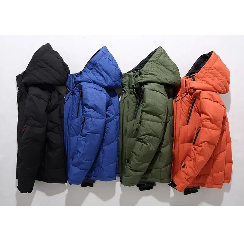 Men's puffer jacket with hood and multiple pockets