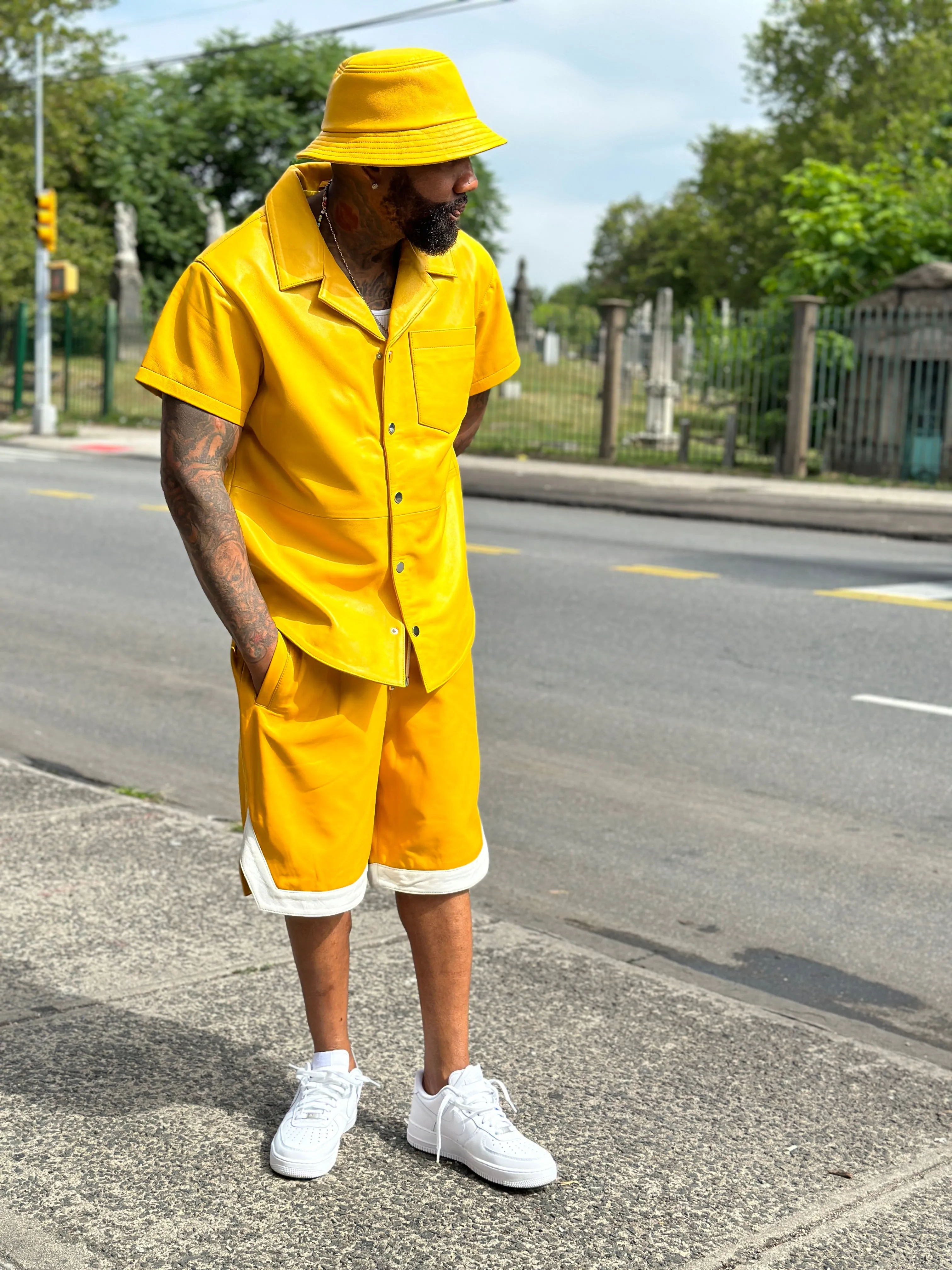 Men's Summer In Miami Leather Shirt And Shorts Set [Yellow]