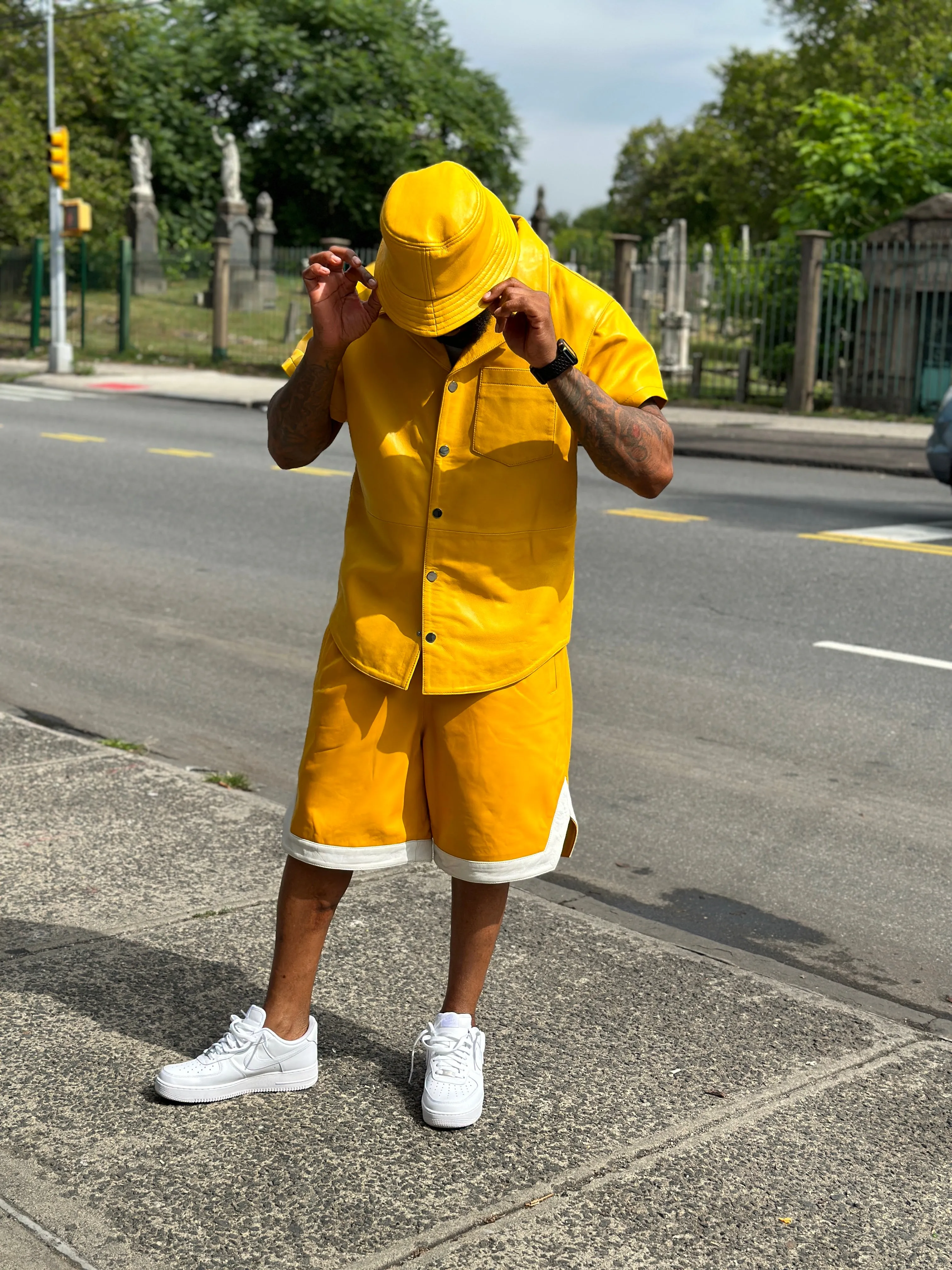 Men's Summer In Miami Leather Shirt And Shorts Set [Yellow]