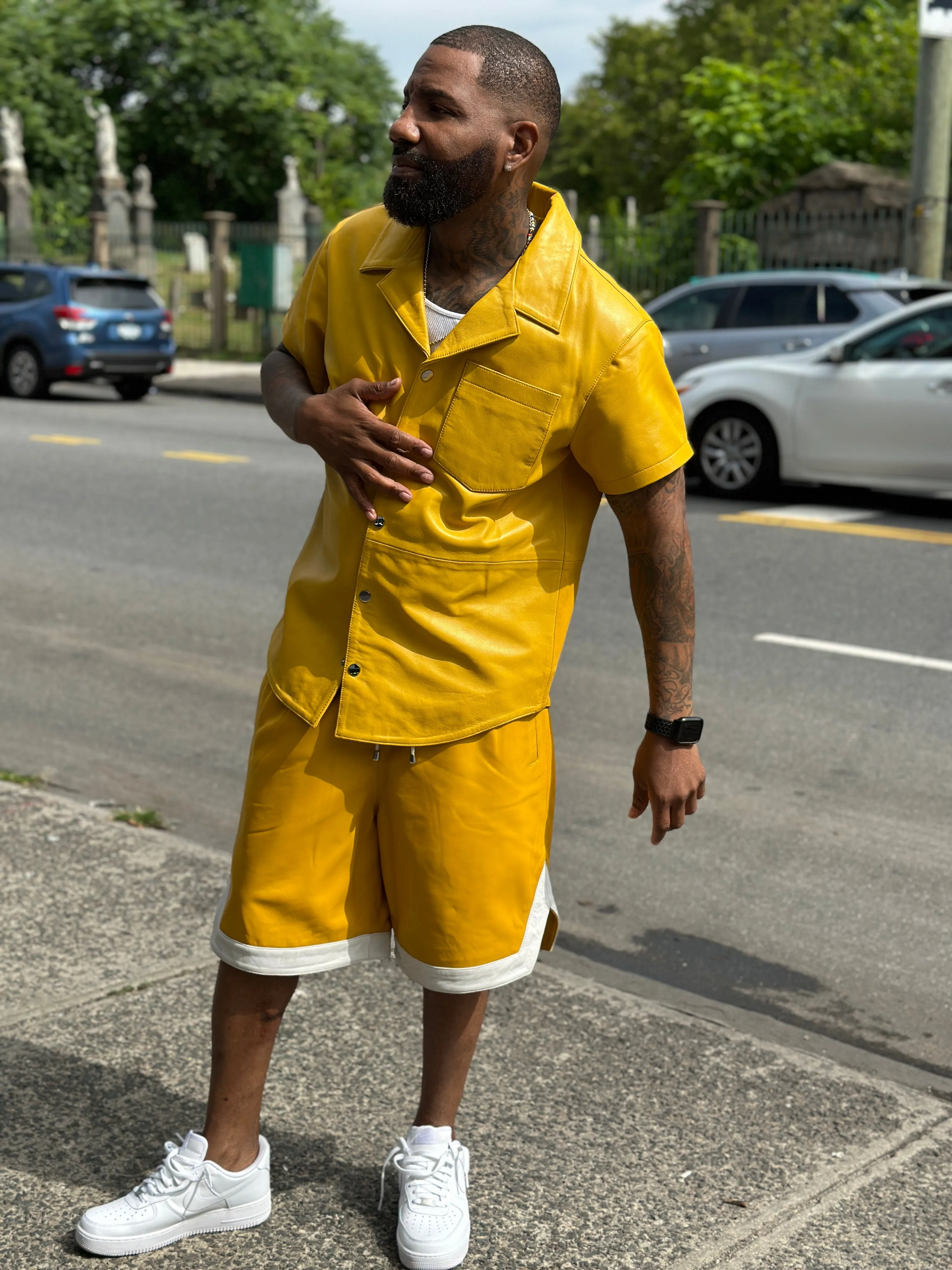 Men's Summer In Miami Leather Shirt And Shorts Set [Yellow]