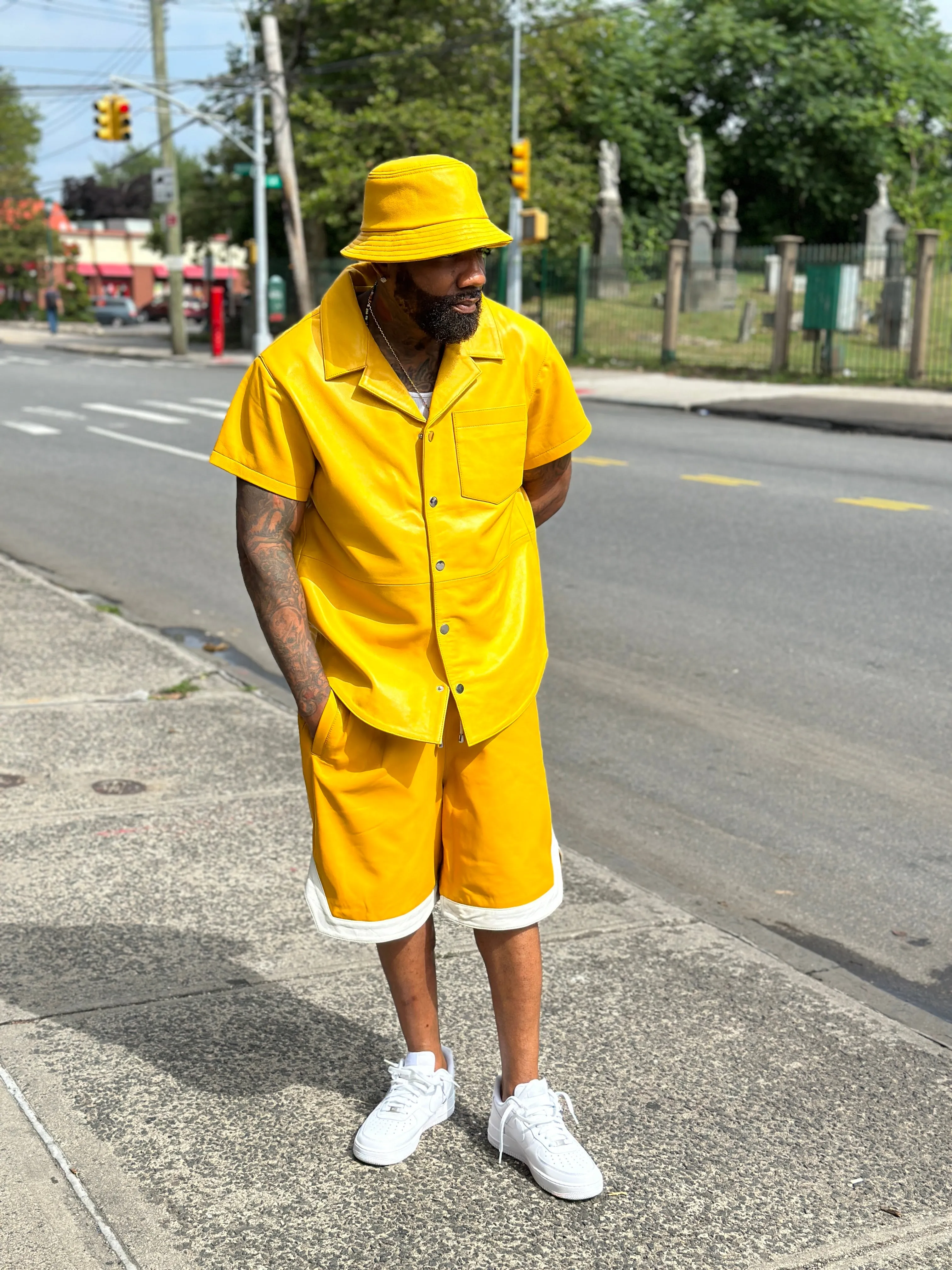 Men's Summer In Miami Leather Shirt And Shorts Set [Yellow]