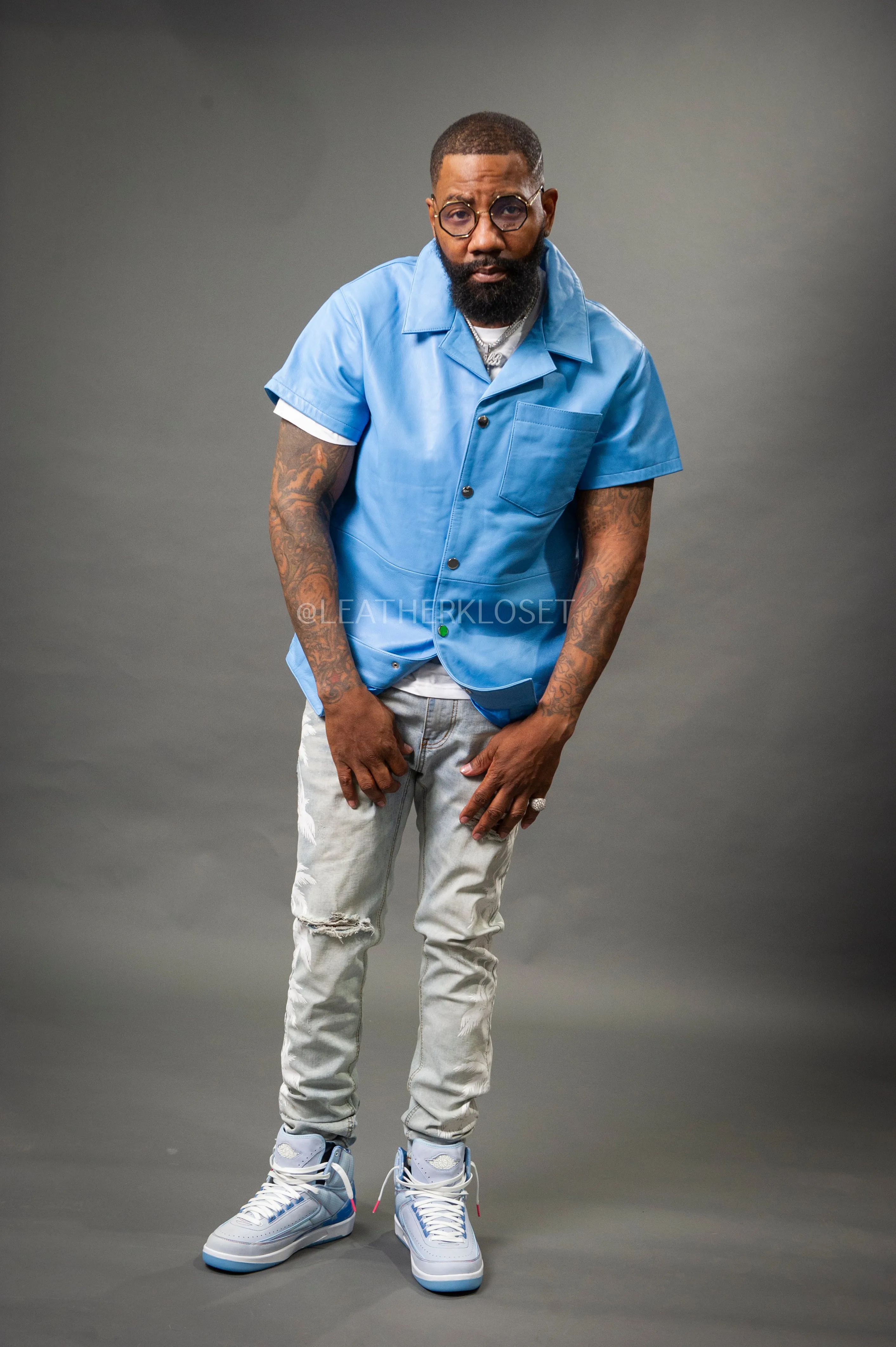 Men's Summer In Miami Luka Leather Short Sleeve Shirt [Baby Blue]