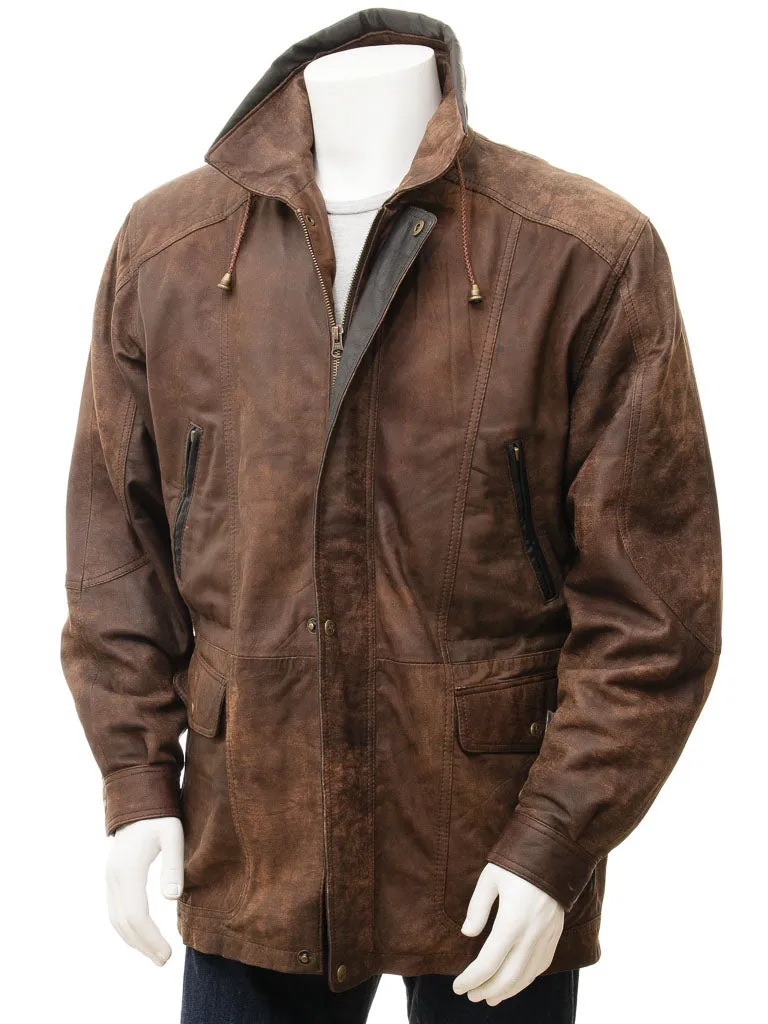 Men's Vintage Brown Leather Long Coat with Dual Closures MC13