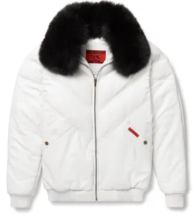 Men's White Leather V-Bomber Jacket