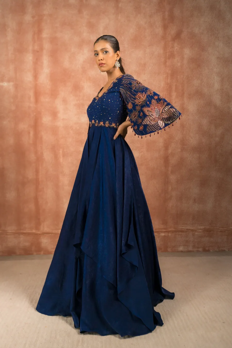 Midnigh blue cape sleeves satin asymmetric gown