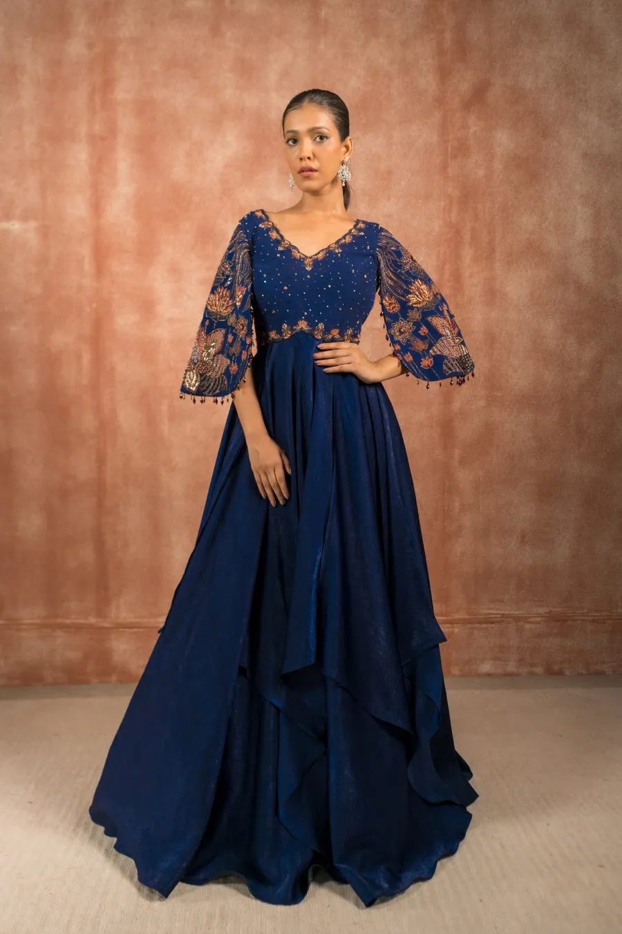 Midnigh blue cape sleeves satin asymmetric gown